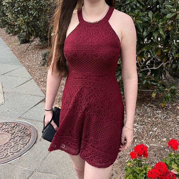 Rewind Red Lace Mini Halter Dress - Picture 3 of 4